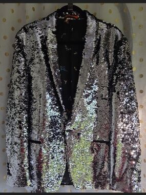 Tallia Men’s Reversible Silver/Black Sequin Sportcoat 52L Statement Jacket